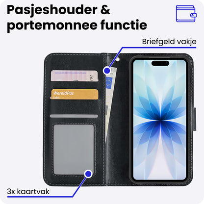 iPhone 17 Hoesje Bookcase Cover met Kaarthouder - Zwart