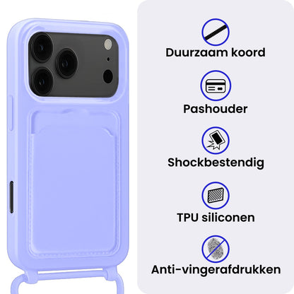 iPhone 17 Pro Max Hoesje Met Telefoonkoord en Pasjeshouder Siliconen - Lila