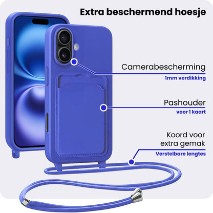iPhone 16 Plus Hoesje Met Telefoonkoord en Pasjeshouder Siliconen - Felblauw