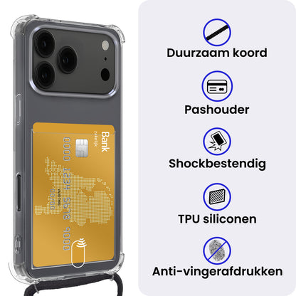 iPhone 17 Pro Max Hoesje Kaarthouder met Koord Backcover Shockproof - Transparant