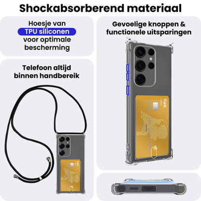 Samsung S25 Ultra Hoesje Kaarthouder met Koord Backcover Shockproof - Transparant