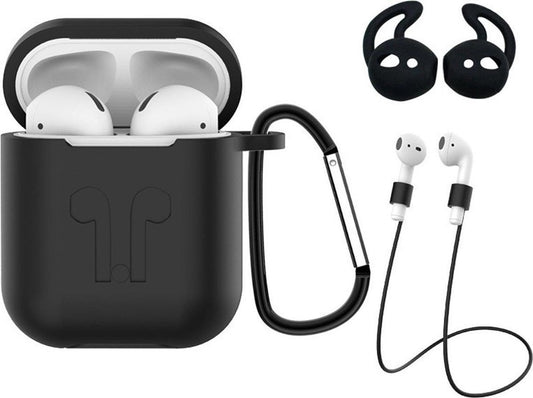 AirPods 1 Hoesje Siliconen 3-in-1 met Clip - Zwart