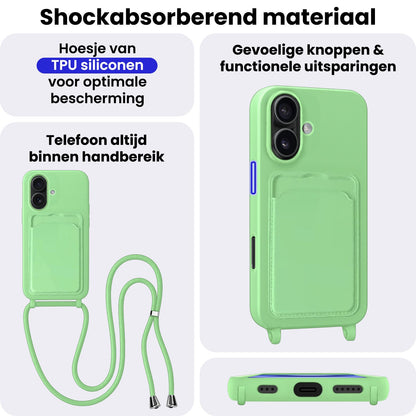 iPhone 16 Plus Hoesje Met Telefoonkoord en Pasjeshouder Siliconen - Groen