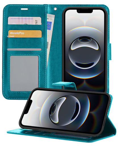 iPhone 16e Hoesje Bookcase Cover met Kaarthouder - Turquoise