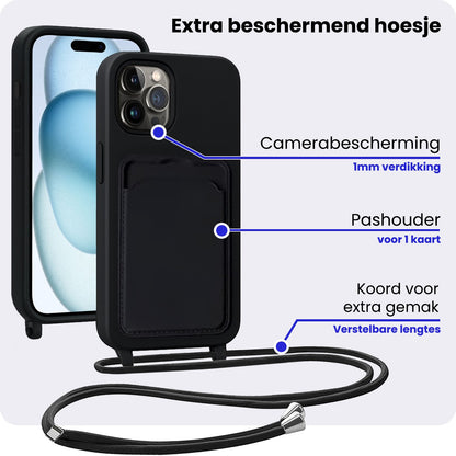 iPhone 14 Pro Hoesje Met Telefoonkoord en Pasjeshouder Siliconen - Zwart