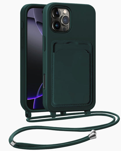 iPhone 16 Pro Hoesje Met Telefoonkoord en Pasjeshouder Siliconen - Donkergroen