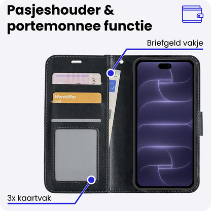 iPhone 18 Pro Hoesje Bookcase Cover met Kaarthouder - Zwart