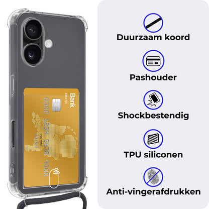 iPhone 16 Plus Hoesje Met Pashouder en Koord - Transparant