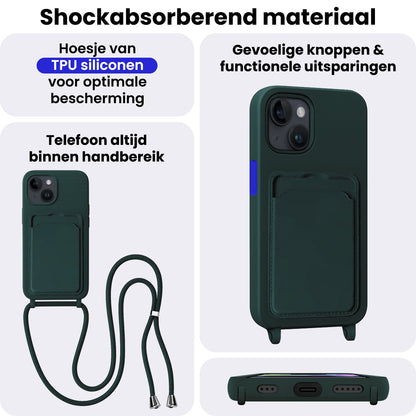 iPhone 13 Hoesje Met Telefoonkoord en Pasjeshouder Siliconen - Donkergroen