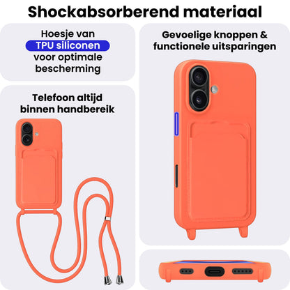 iPhone 16 Hoesje Met Telefoonkoord en Pasjeshouder Siliconen - Papaya