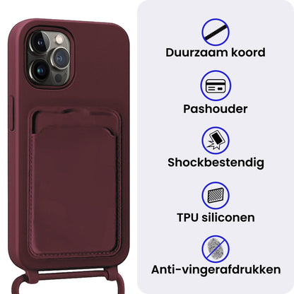 iPhone 13 Pro Hoesje Met Telefoonkoord en Pasjeshouder Siliconen - Aubergine