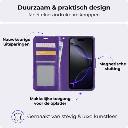 iPhone 16 Pro Max Hoesje Bookcase Cover met Kaarthouder - Paars