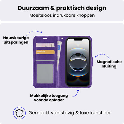 iPhone 16e Hoesje Bookcase Cover met Kaarthouder - Paars
