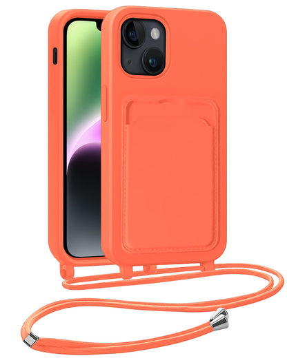 iPhone 14 Hoesje Met Telefoonkoord en Pasjeshouder Siliconen - Papaya