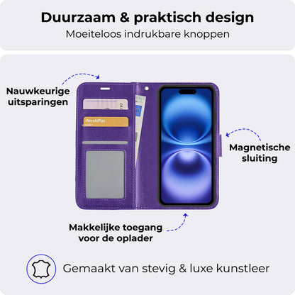 iPhone 16 Plus Hoesje Bookcase Cover met Kaarthouder - Paars