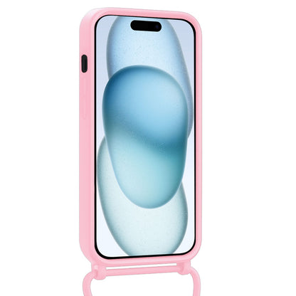 iPhone 15 Plus Hoesje Met Telefoonkoord en Pasjeshouder Siliconen - Lichtroze