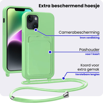 iPhone 14 Hoesje Met Telefoonkoord en Pasjeshouder Siliconen - Groen