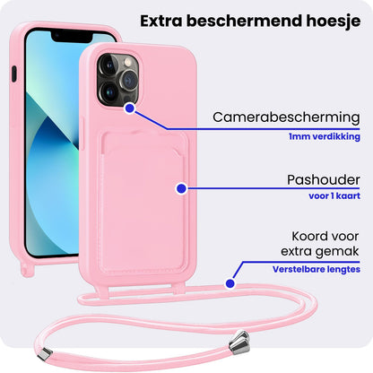 iPhone 13 Pro Max Hoesje Met Telefoonkoord en Pasjeshouder Siliconen - Lichtroze