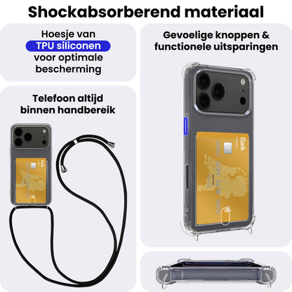 iPhone 17 Pro Max Hoesje Kaarthouder met Koord Backcover Shockproof - Transparant