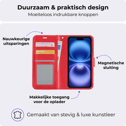 iPhone 16 Plus Hoesje Bookcase Cover met Kaarthouder - Rood