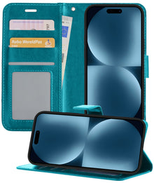 iPhone 15 Pro Max Hoesje Bookcase Cover met Kaarthouder - Turquoise