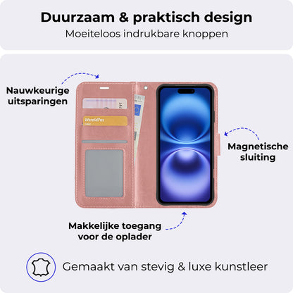 iPhone 16 Hoesje Bookcase Cover met Kaarthouder - Rosé goud