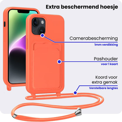 iPhone 14 Hoesje Met Telefoonkoord en Pasjeshouder Siliconen - Papaya