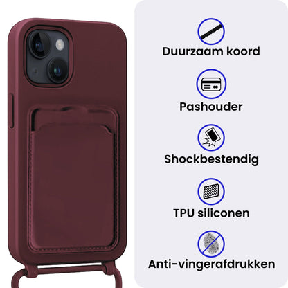 iPhone 15 Hoesje Met Telefoonkoord en Pasjeshouder Siliconen - Aubergine