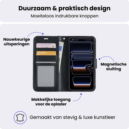 iPhone 17 Pro Hoesje Bookcase Cover met Kaarthouder - Zwart