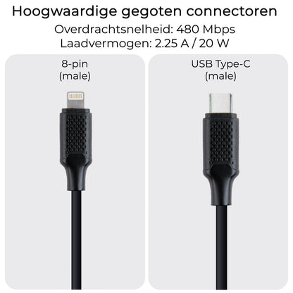 USB-C Kabels Oplaadkabel Datakabel USB C Kabel Geschikt voor iPhone Lightning - Geschikt voor USB C naar Lightning USB C Oplader - 1.5 meter - Zwart