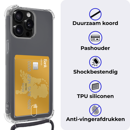 iPhone 12 Pro Max Hoesje Kaarthouder met Koord Backcover Shockproof - Transparant