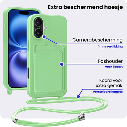 iPhone 16 Plus Hoesje Met Telefoonkoord en Pasjeshouder Siliconen - Groen
