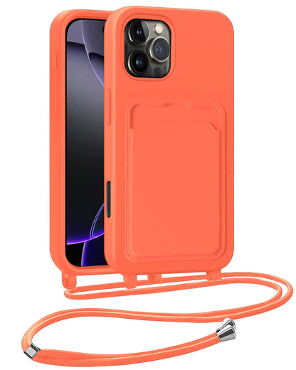 iPhone 16 Pro Max Hoesje Met Telefoonkoord en Pasjeshouder Siliconen - Papaya