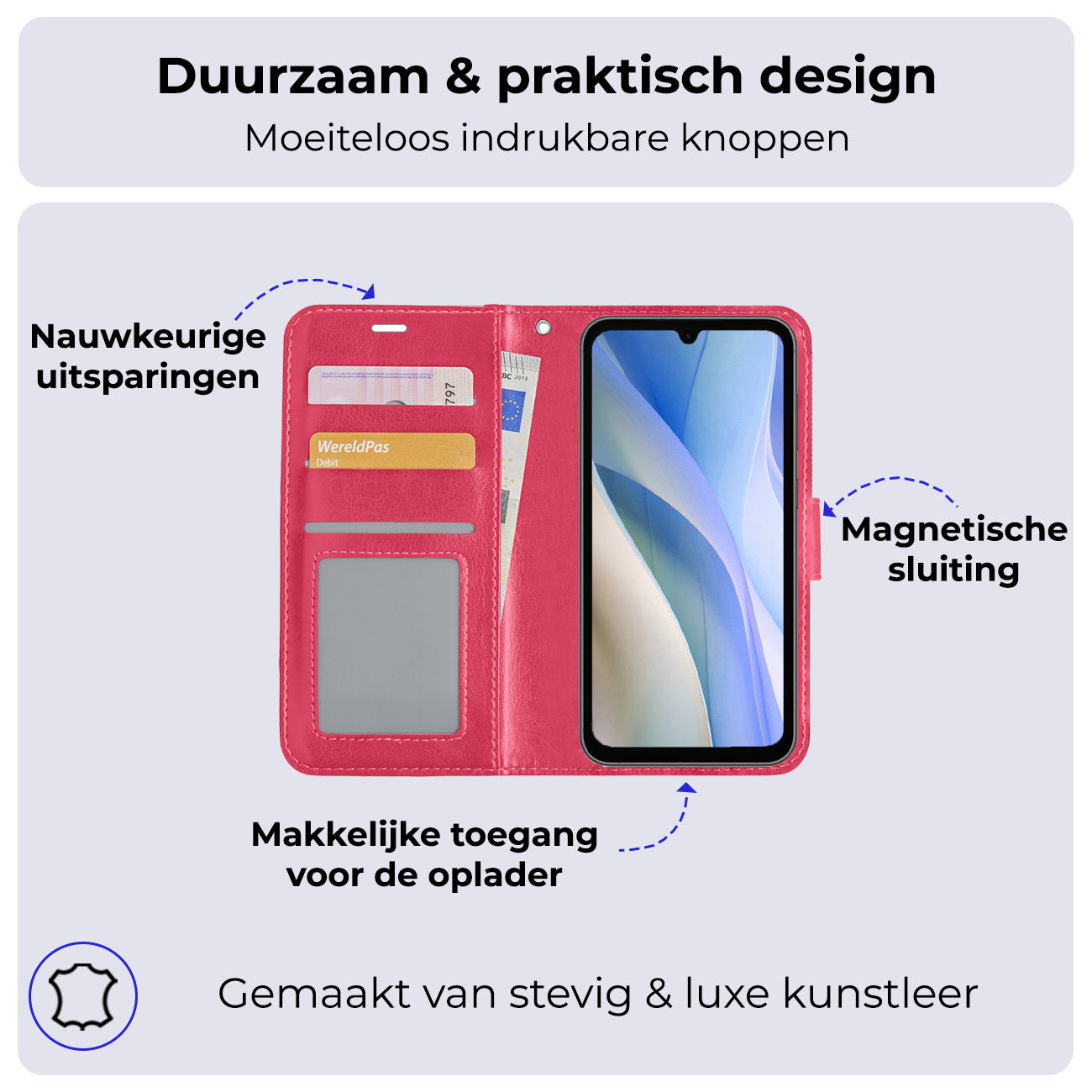 Samsung A15 Hoesje Book Case Kunstleer - Donkerroze