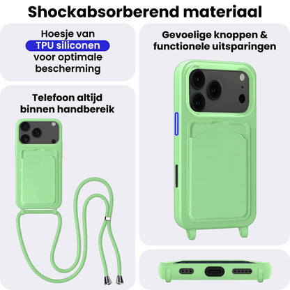 iPhone 17 Pro Max Hoesje Met Telefoonkoord en Pasjeshouder Siliconen - Groen