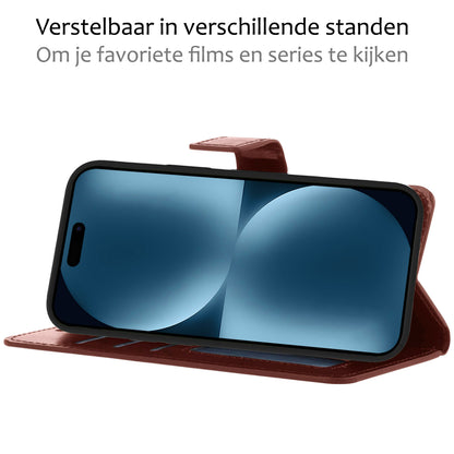 iPhone 15 Hoesje Bookcase Cover met Kaarthouder - Bruin
