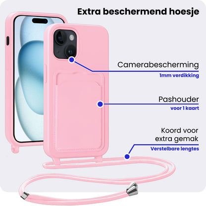 iPhone 15 Hoesje Met Telefoonkoord en Pasjeshouder Siliconen - Lichtroze