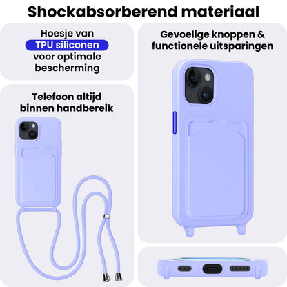 iPhone 15 Plus Hoesje Met Telefoonkoord en Pasjeshouder Siliconen - Lila