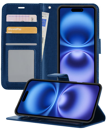 iPhone 16 Hoesje Bookcase Cover met Kaarthouder - Donkerblauw