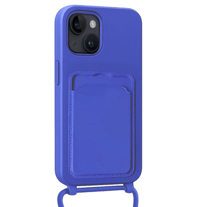 iPhone 15 Plus Hoesje Met Telefoonkoord en Pasjeshouder Siliconen - Felblauw
