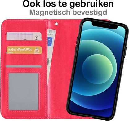 iPhone 12 Hoesje Bookcase Cover Uitneembaar - Donkerroze