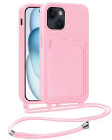 iPhone 15 Hoesje Met Telefoonkoord en Pasjeshouder Siliconen - Lichtroze