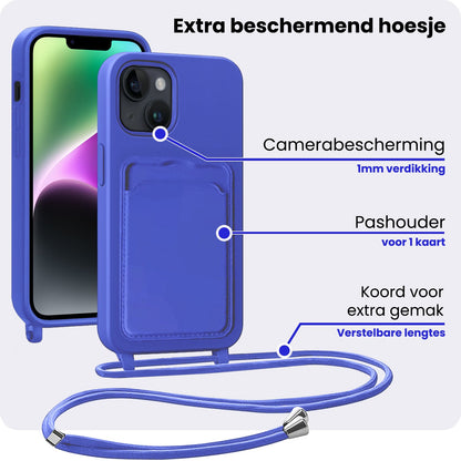 iPhone 14 Hoesje Met Telefoonkoord en Pasjeshouder Siliconen - Felblauw