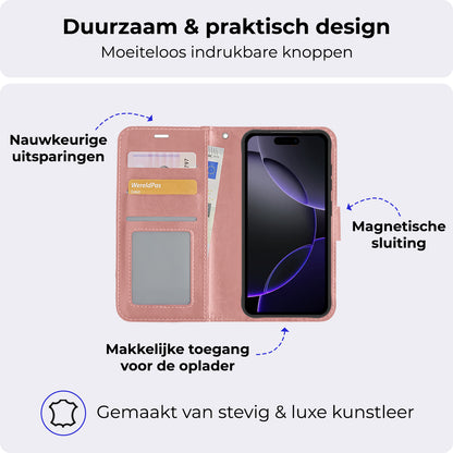 iPhone 16 Pro Hoesje Bookcase Cover met Kaarthouder - Rosé goud