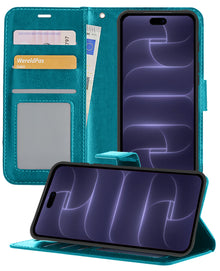 iPhone 18 Pro Hoesje Bookcase Cover met Kaarthouder - Turquoise