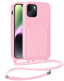 iPhone 14 Plus Hoesje Met Telefoonkoord en Pasjeshouder Siliconen - Lichtroze