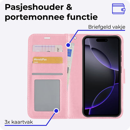 iPhone 16 Pro Hoesje Bookcase Cover met Kaarthouder - Lichtroze