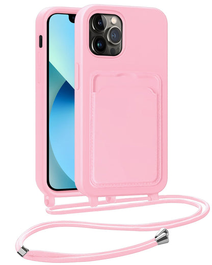 iPhone 13 Pro Hoesje Met Telefoonkoord en Pasjeshouder Siliconen - Lichtroze