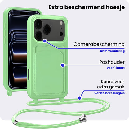 iPhone 17 Pro Max Hoesje Met Telefoonkoord en Pasjeshouder Siliconen - Groen