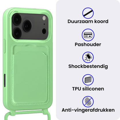 iPhone 17 Pro Max Hoesje Met Telefoonkoord en Pasjeshouder Siliconen - Groen